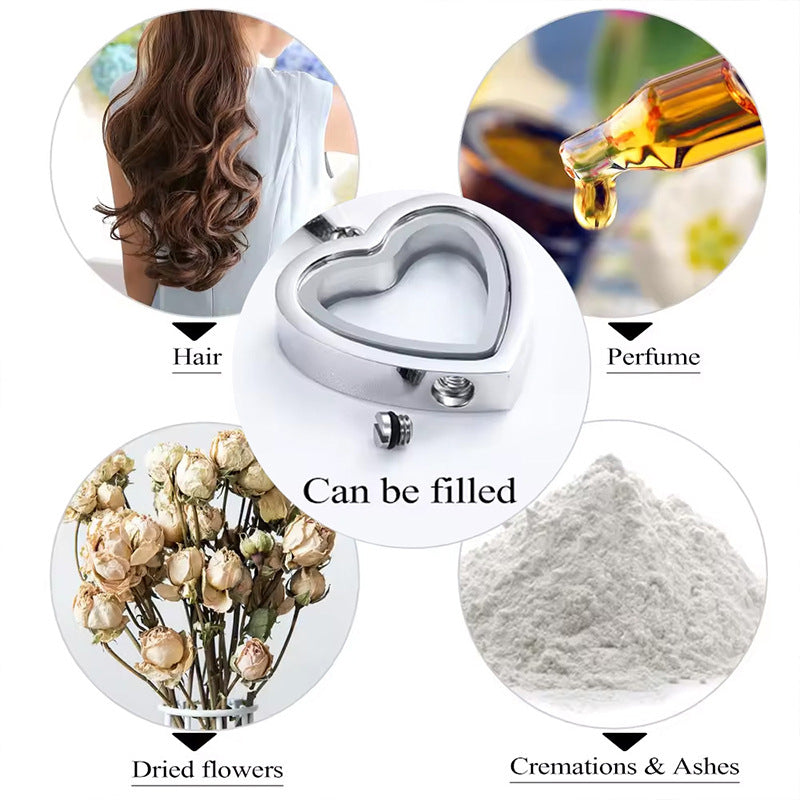 Heart-shaped container with labels for hair, perfume, dried flowers, and cremations & ashes.