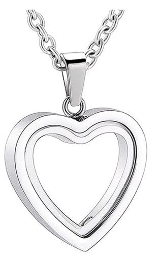Silver heart-shaped pendant necklace on a white background