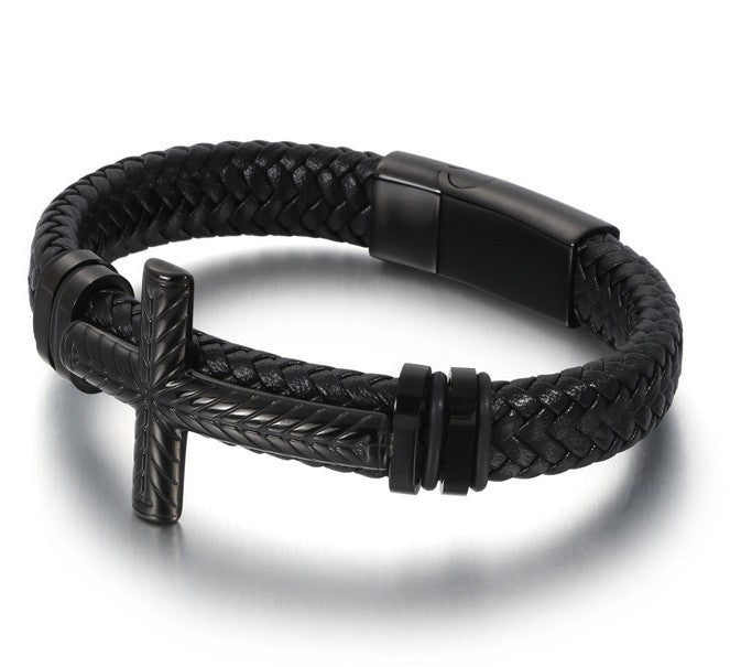 Black braided leather bracelet with a metal clasp on a white background