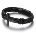 Black braided leather bracelet with a metal clasp on a white background