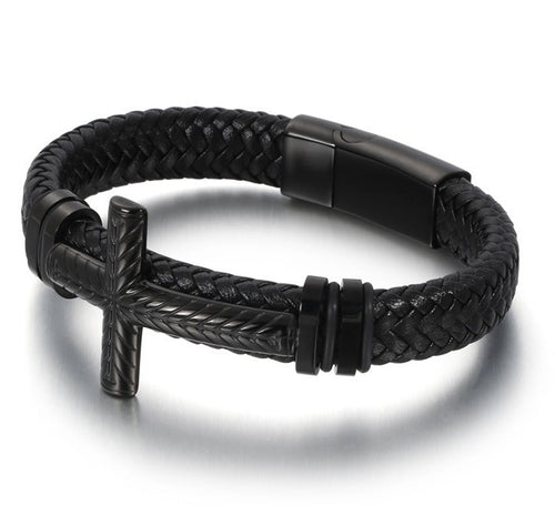 Black braided leather bracelet with a metal clasp on a white background