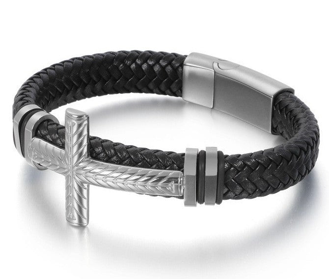Black braided leather bracelet with silver clasp on a white background