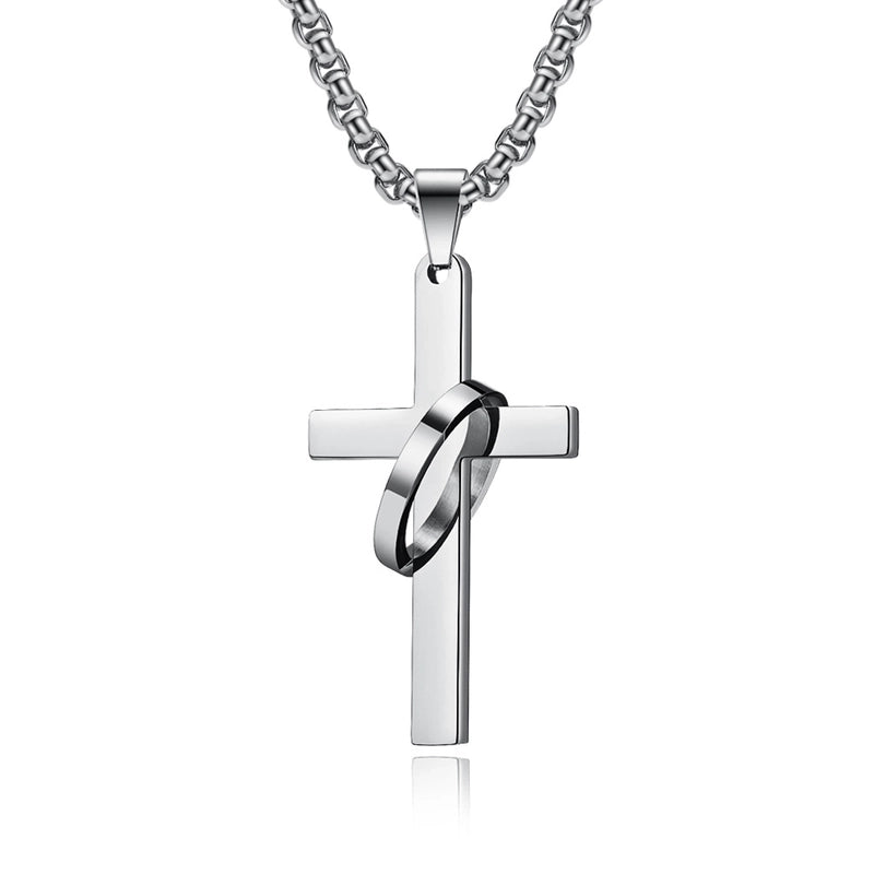 Silver cross necklace on a white background
