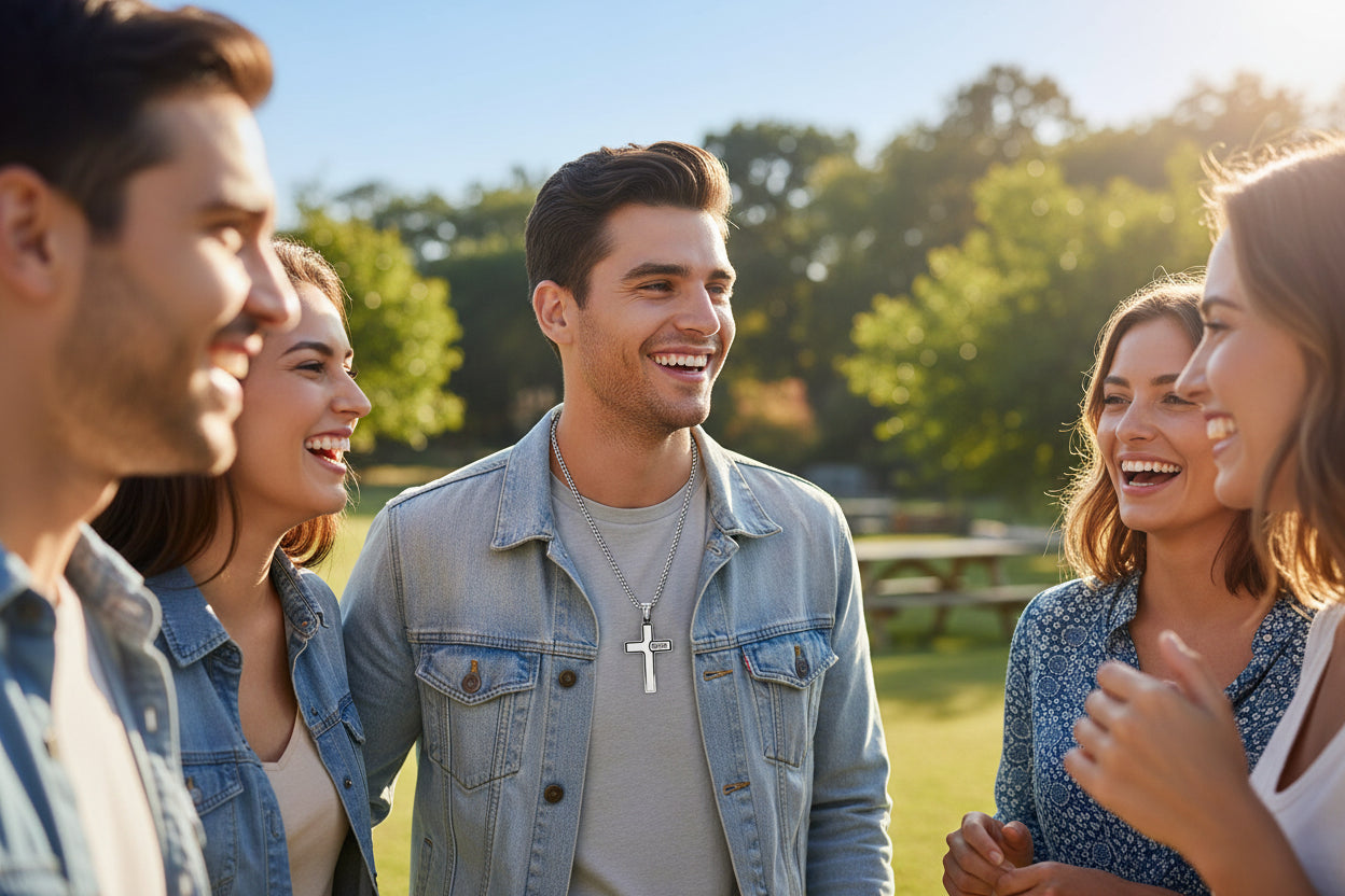 Group of friends laughing together outdoors in a park