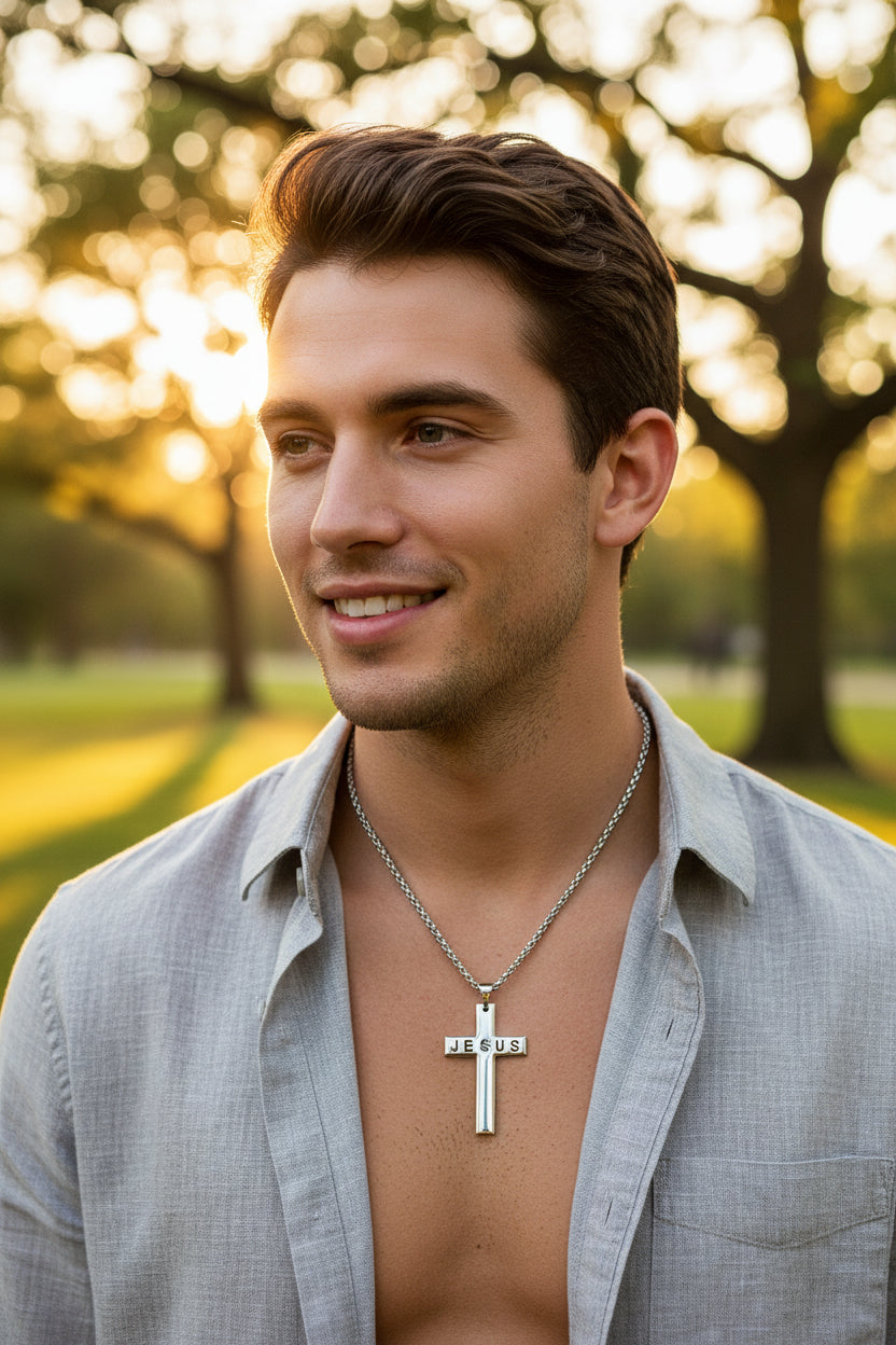 Silver cross pendant with 'JESUS' letters on a a young man at a park.