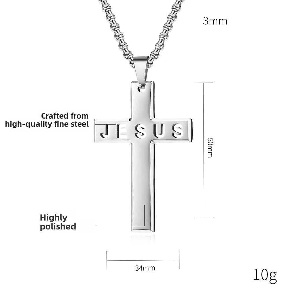 Silver cross pendant with 'JESUS' engraving, showing dimensions and material details on a white background.