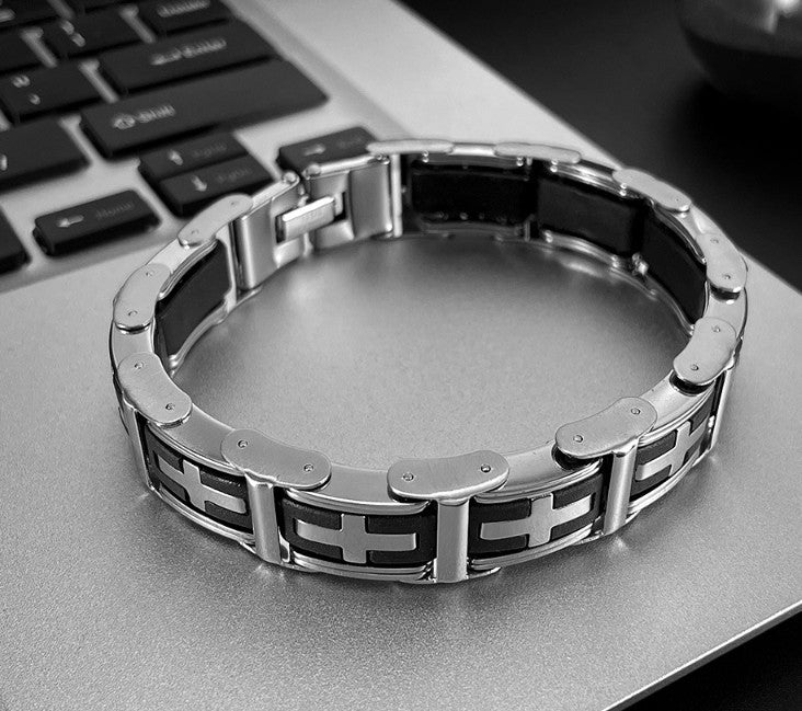 Metallic bracelet on a laptop keyboard