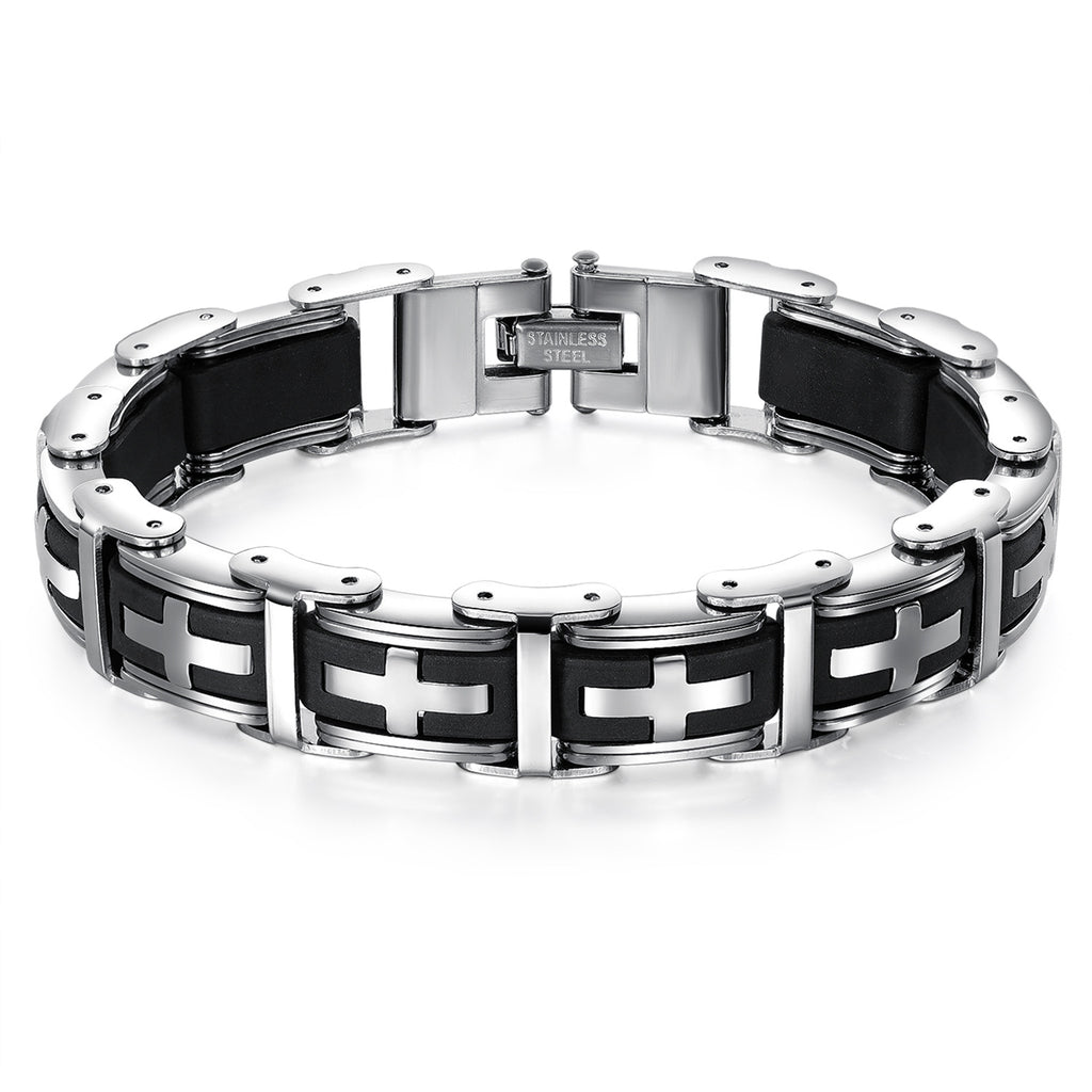 Black and silver bracelet with cross design on a white background