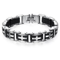 Black and silver bracelet with cross design on a white background