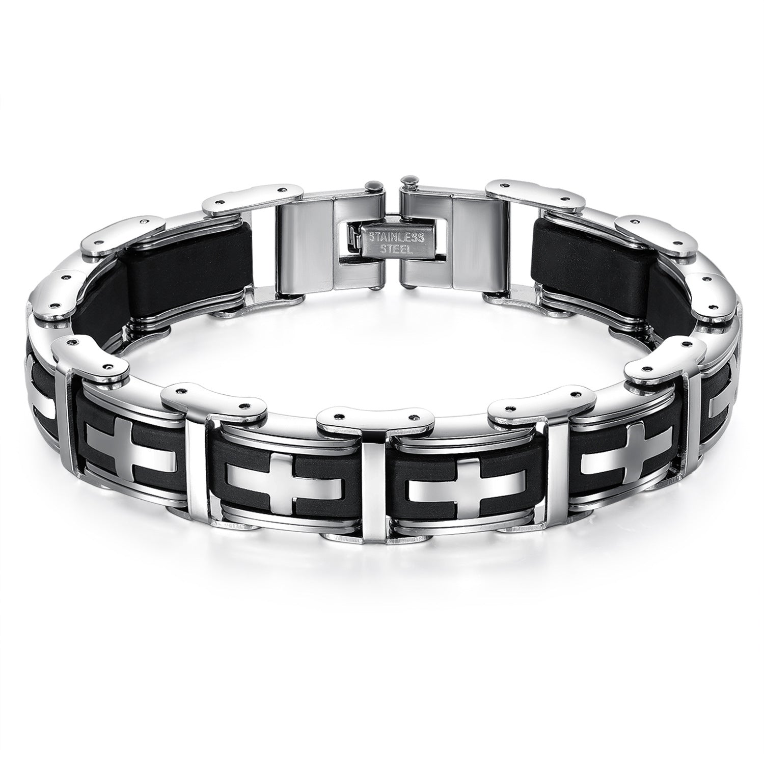 Black and silver bracelet with cross design on a white background