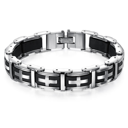 Black and silver bracelet with cross design on a white background