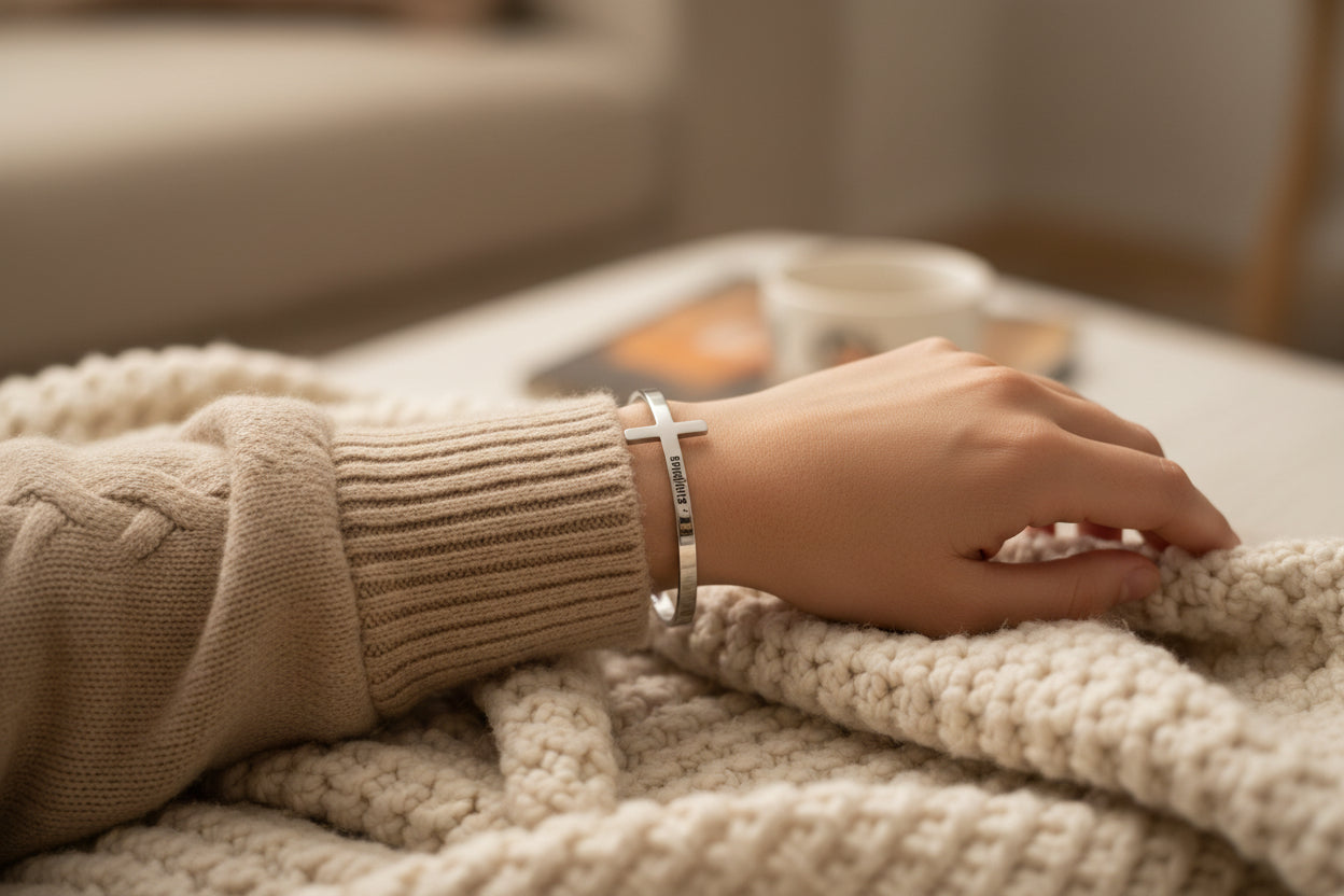 Silver bracelet worn by woman with brown sweater