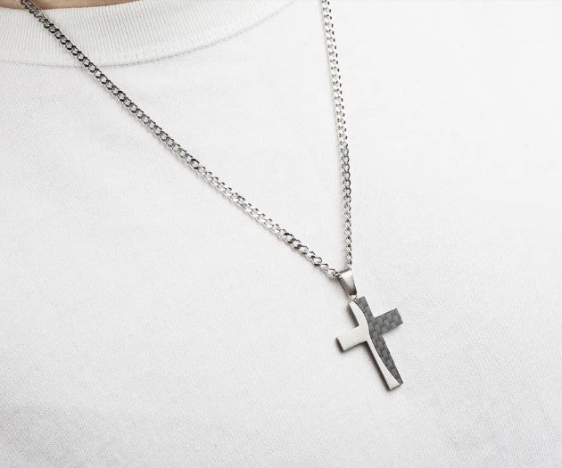Carbon Fiber Inlay Cross Pendant Necklace