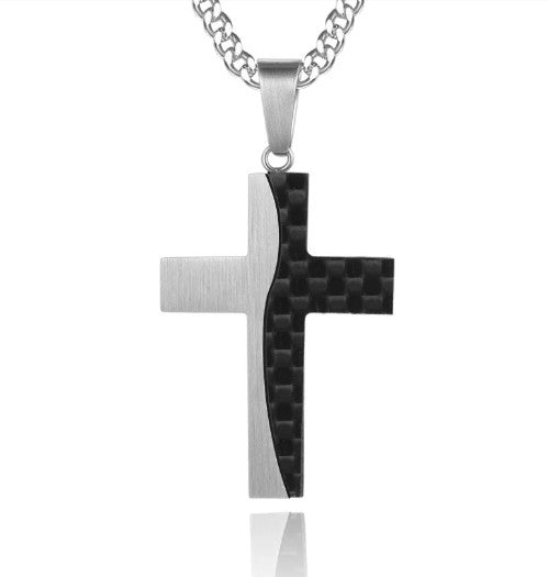 Carbon Fiber Inlay Cross Pendant Necklace