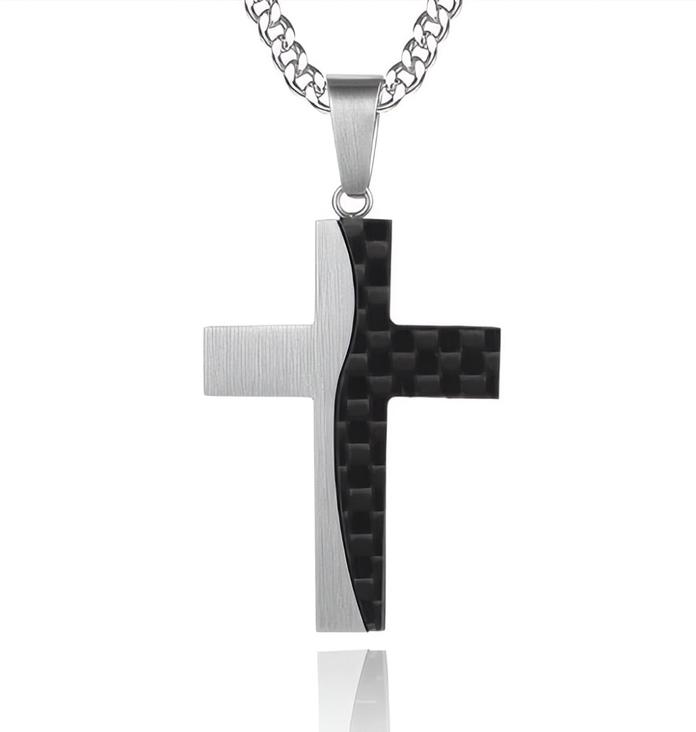 Carbon Fiber Inlay Cross Pendant Necklace