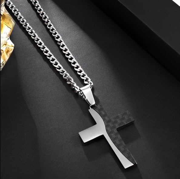 Carbon Fiber Inlay Cross Pendant Necklace
