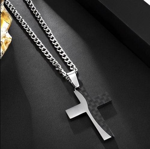 Carbon Fiber Inlay Cross Pendant Necklace