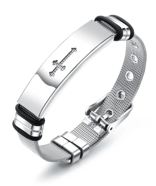 Silver bracelet with a mesh design on a white background