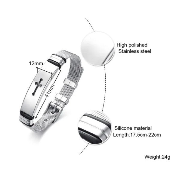 Silver bracelet with measurements and material details on a white background