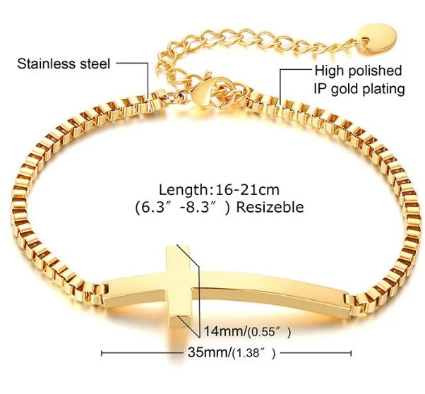 Gold bracelet with cross design, labeled with material, size, and dimensions.