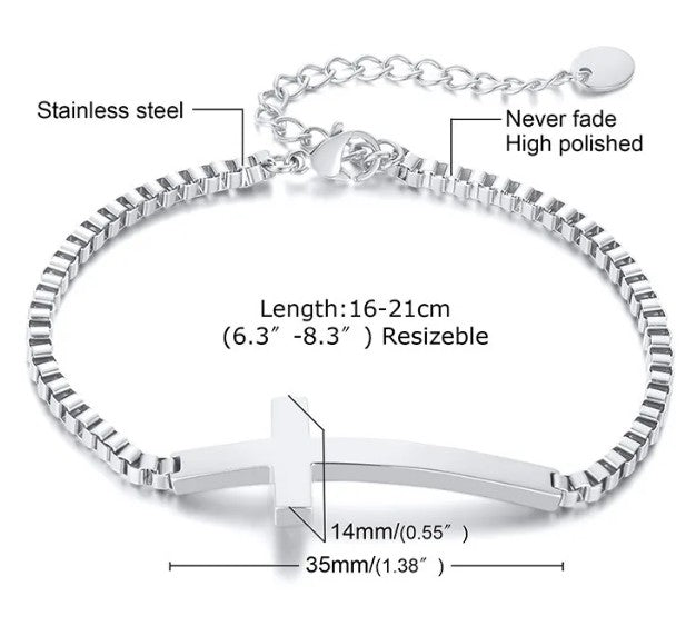 Silver bracelet with measurements and material details on a white background