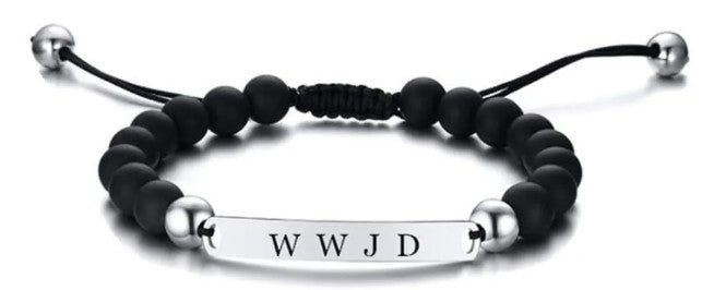 Black beaded bracelet with a silver bar featuring 'WWJD' on a white background