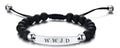 Black beaded bracelet with a silver bar featuring 'WWJD' on a white background