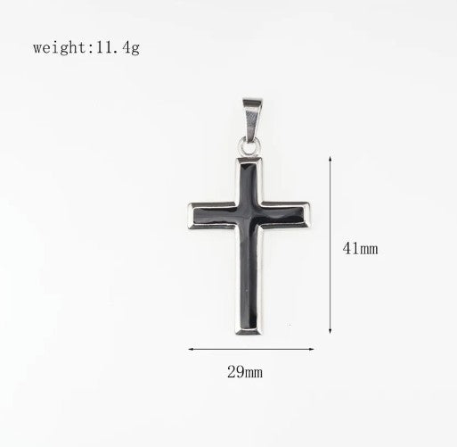 Black cross pendant with measurements on a white background