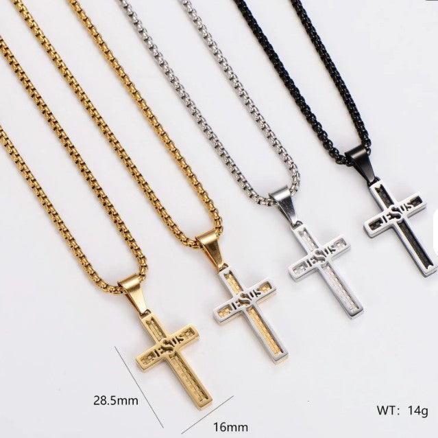 "JESUS" Hollow Grid Cross Pendant Necklace — 304 Stainless Steel Multi-Color