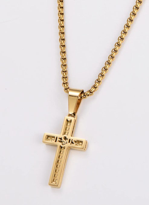 "JESUS" Hollow Grid Cross Pendant Necklace — 304 Stainless Steel Multi-Color