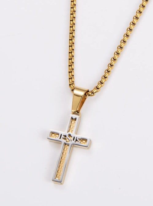 "JESUS" Hollow Grid Cross Pendant Necklace — 304 Stainless Steel Multi-Color