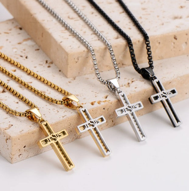 "JESUS" Hollow Grid Cross Pendant Necklace — 304 Stainless Steel Multi-Color