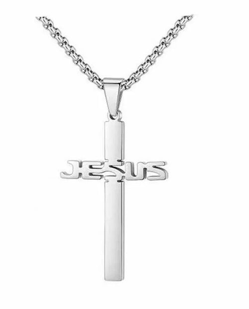 Silver cross pendant with 'Jesus' engraving on a white background