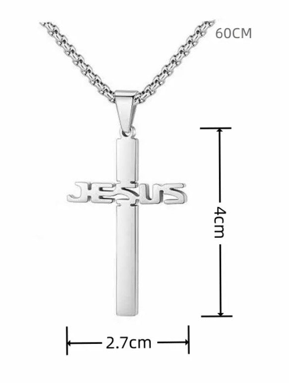 Silver cross necklace with 'JESUS' engraving and measurements on a white background
