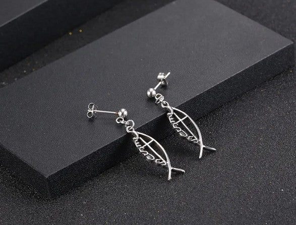 Jesus Fish Cross Drop Earrings — Vintage Stainless Steel Ichthys Dangle Earrings