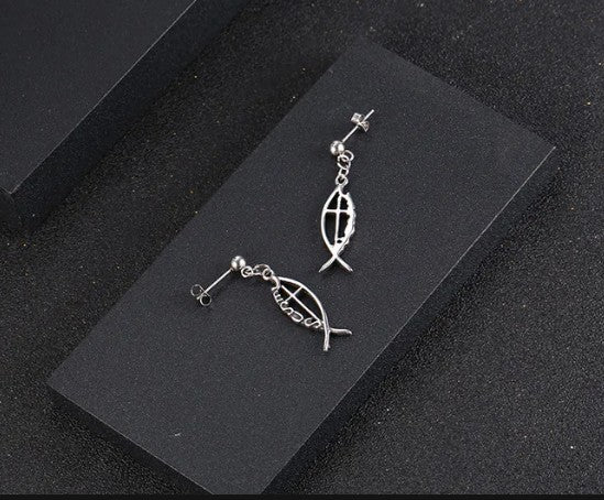 Jesus Fish Cross Drop Earrings — Vintage Stainless Steel Ichthys Dangle Earrings