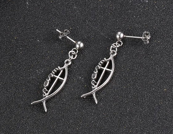 Jesus Fish Cross Drop Earrings — Vintage Stainless Steel Ichthys Dangle Earrings