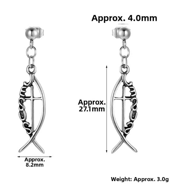 Jesus Fish Cross Drop Earrings — Vintage Stainless Steel Ichthys Dangle Earrings