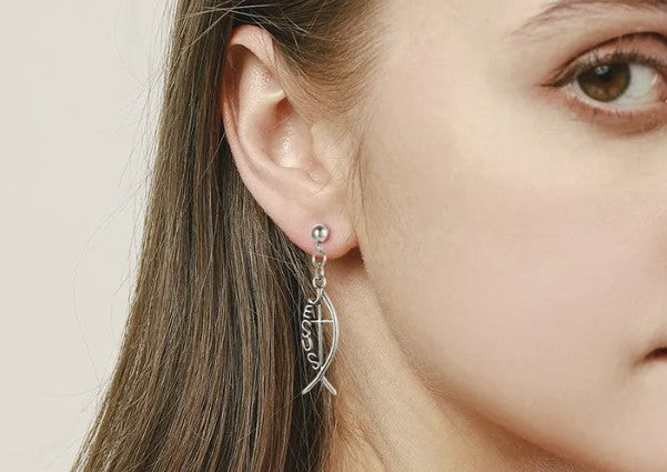 Jesus Fish Cross Drop Earrings — Vintage Stainless Steel Ichthys Dangle Earrings