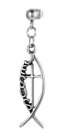 Jesus Fish Cross Drop Earrings — Vintage Stainless Steel Ichthys Dangle Earrings