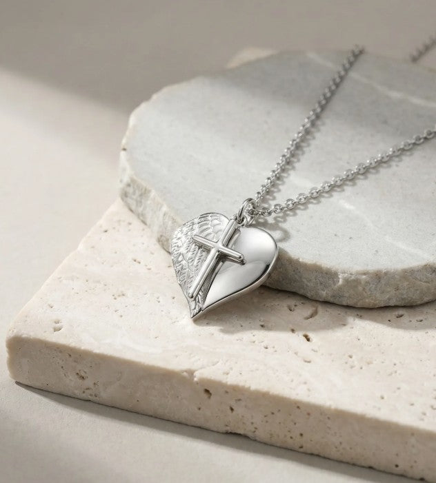 Angel Wing Heart Cross Pendant Necklace
