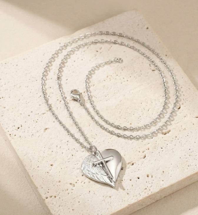 Angel Wing Heart Cross Pendant Necklace