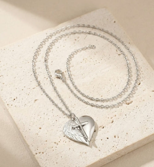 Angel Wing Heart Cross Pendant Necklace