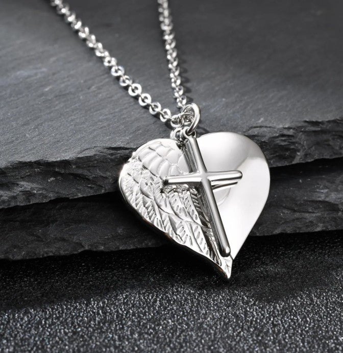 Angel Wing Heart Cross Pendant Necklace