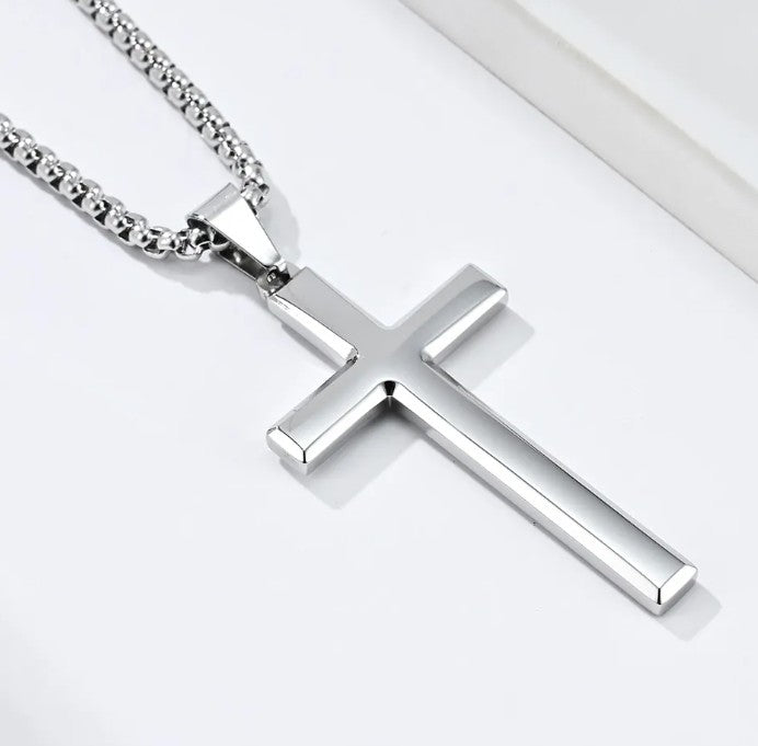 Minimalist Cross Pendant Necklace — Titanium Steel Polished Finish
