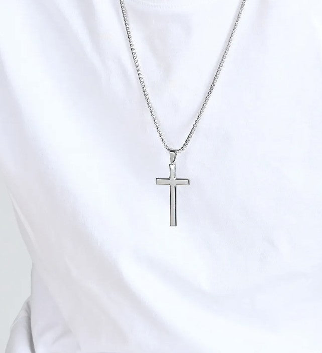 Minimalist Cross Pendant Necklace — Titanium Steel Polished Finish
