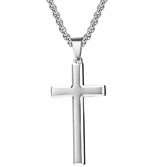 Minimalist Cross Pendant Necklace — Titanium Steel Polished Finish