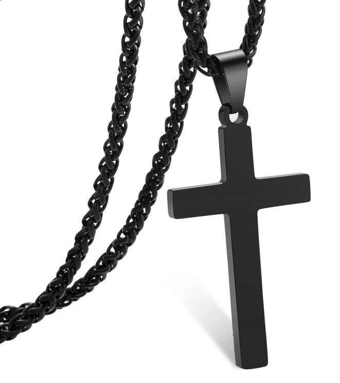 Classic Cross Pendant Necklace — Stainless Steel with Wheat Chain