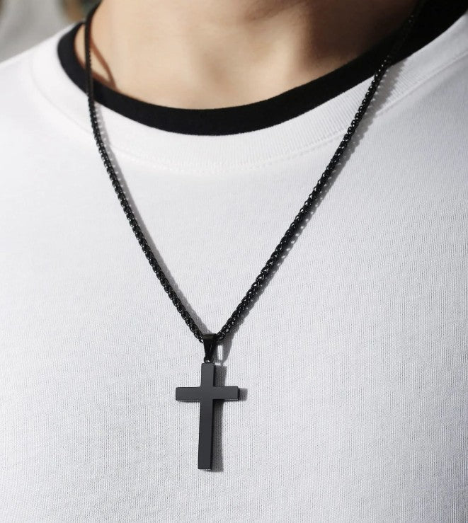 Classic Cross Pendant Necklace — Stainless Steel with Wheat Chain
