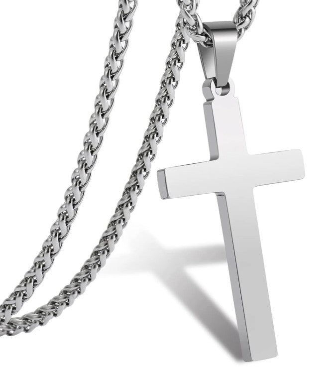Classic Cross Pendant Necklace — Stainless Steel with Wheat Chain